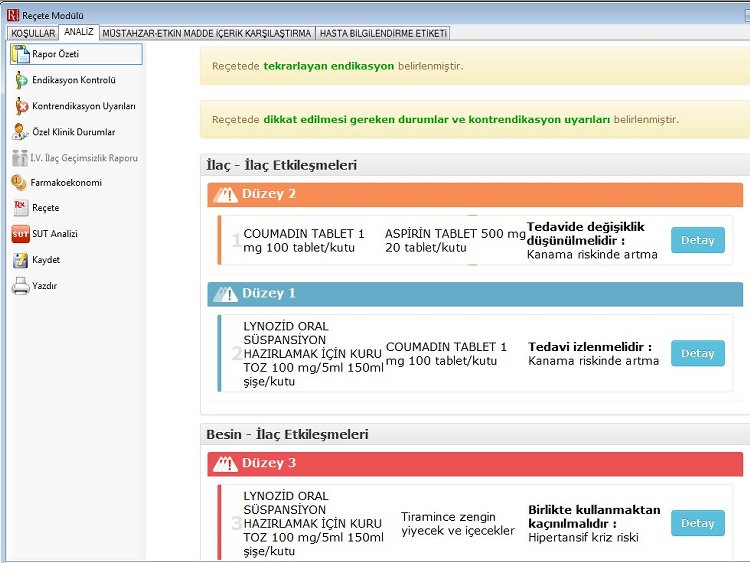 RxMediaPharma Reçete Modülü: reçetedeki ilaç-ilaç ve besin-ilaç etkileşmelerinin düzeylere göre raporu